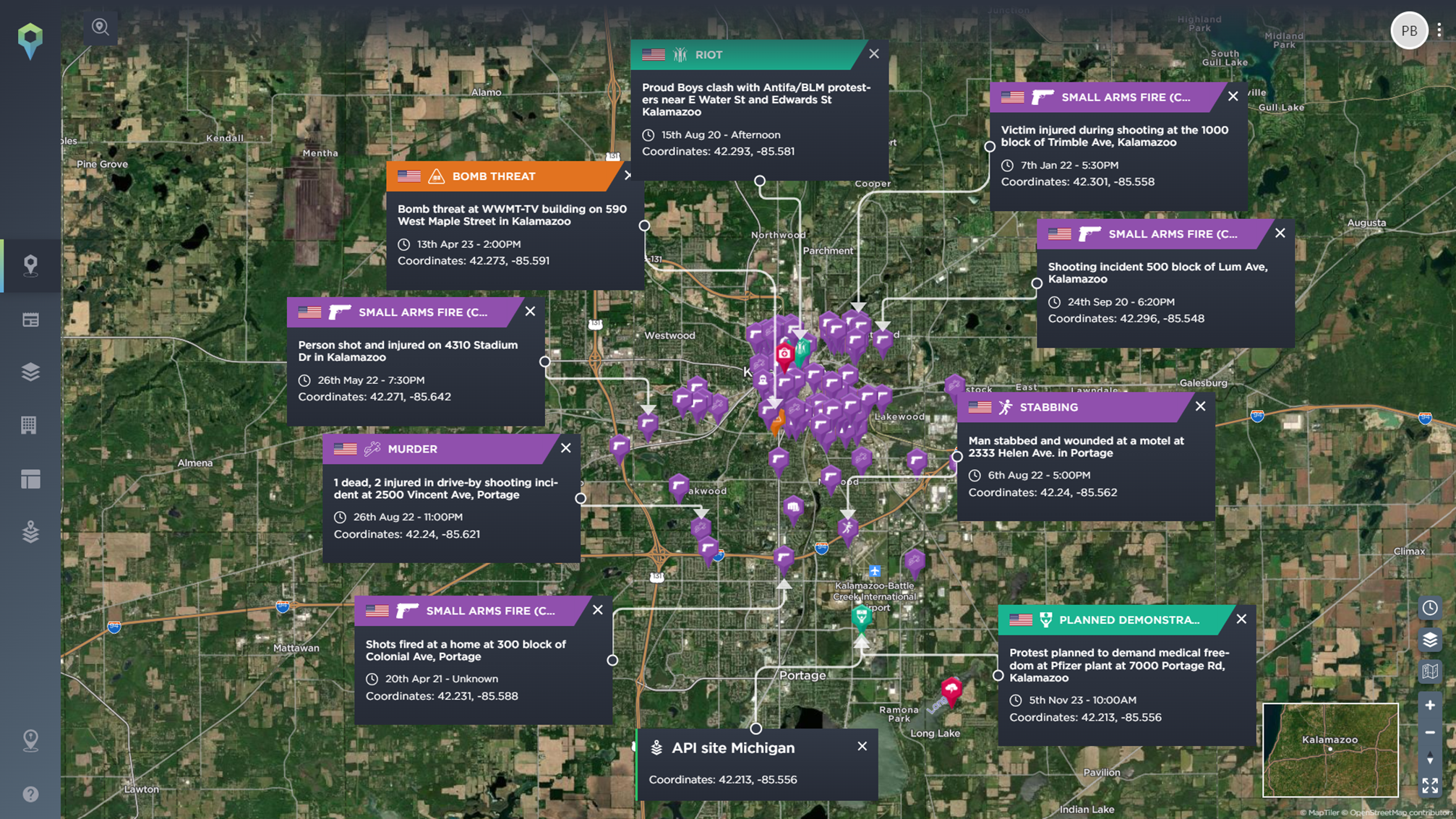 Incidents within 10km of an API manufacturing site in Michigan, identified using the Intelligence Fusion platform