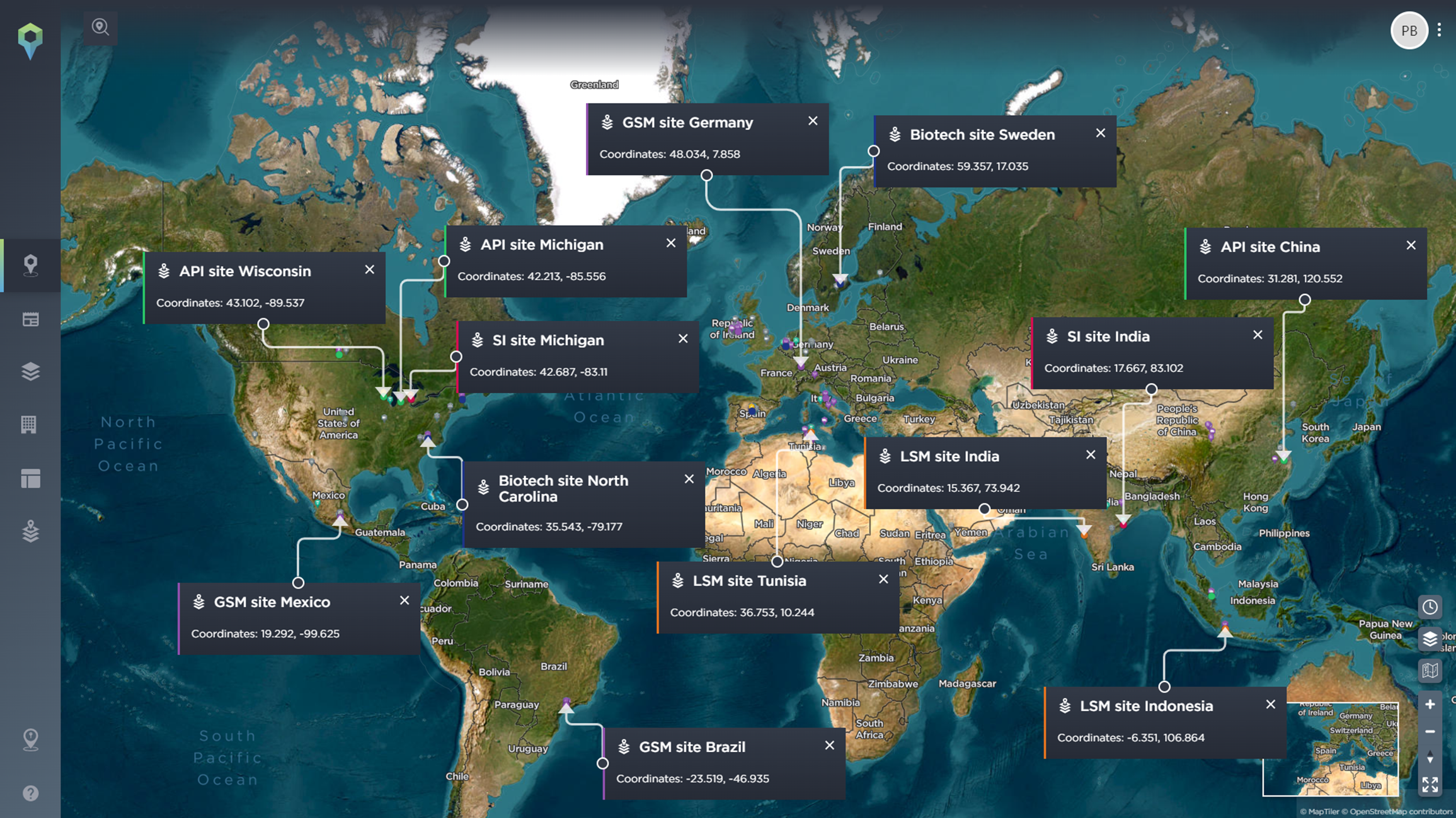 Examples of different pharmaceutical manufacturing sites across the globe for a single pharmaceutical company’s supply chain, mapped using the static assets feature on the Intelligence Fusion platform